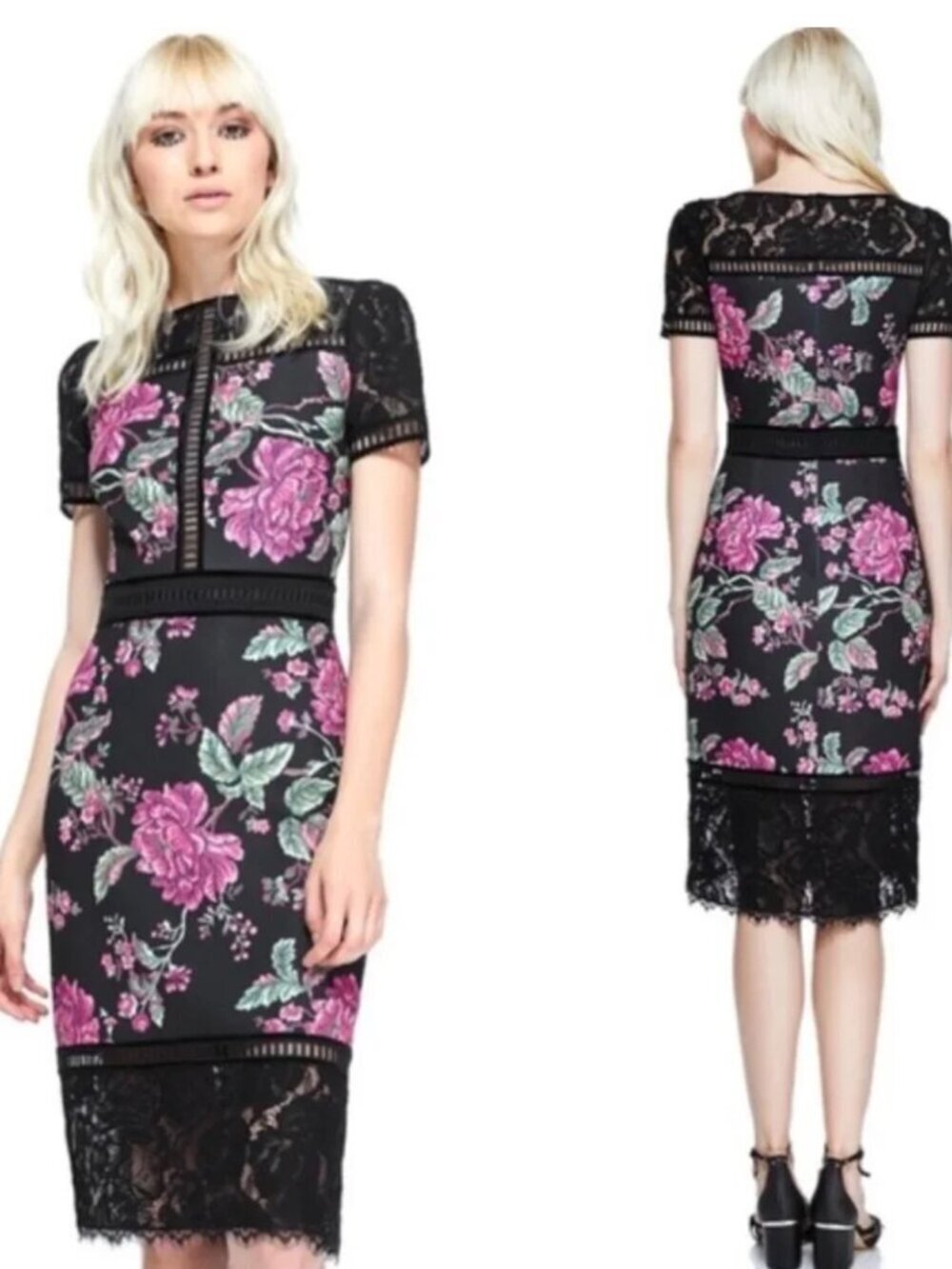 Tadashi Shoji Helena Black Floral Neoprene & Lace Sheath Dress Sz 10